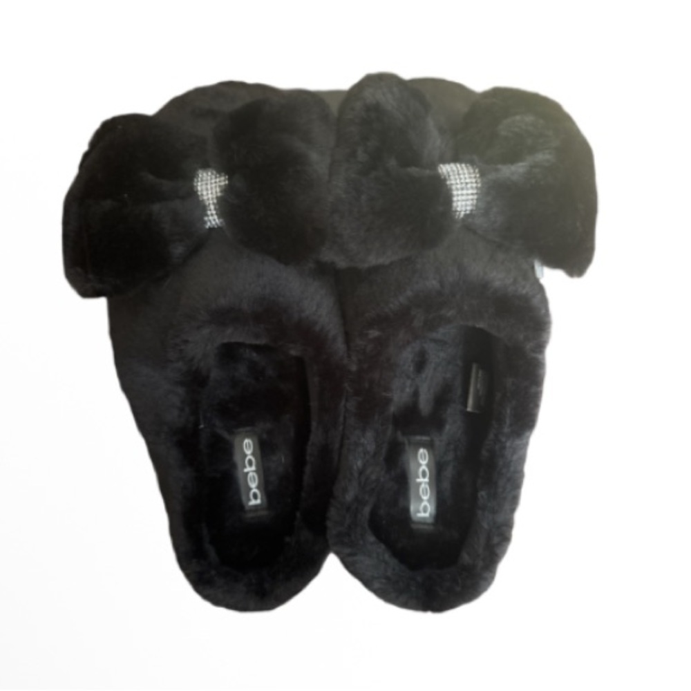 Bebe Black Plush Slippers with rhinestone Bow Accent